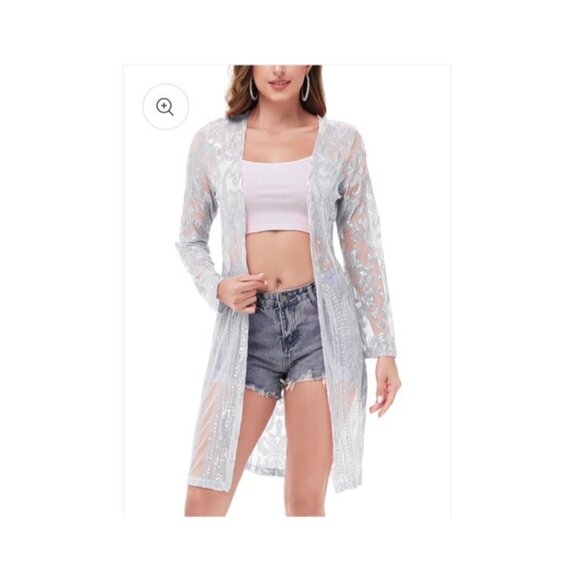 Anna Kaci Kimono L Cardigan Duster Silver Sequins Sheer Party Holiday Sexy - Picture 2 of 12